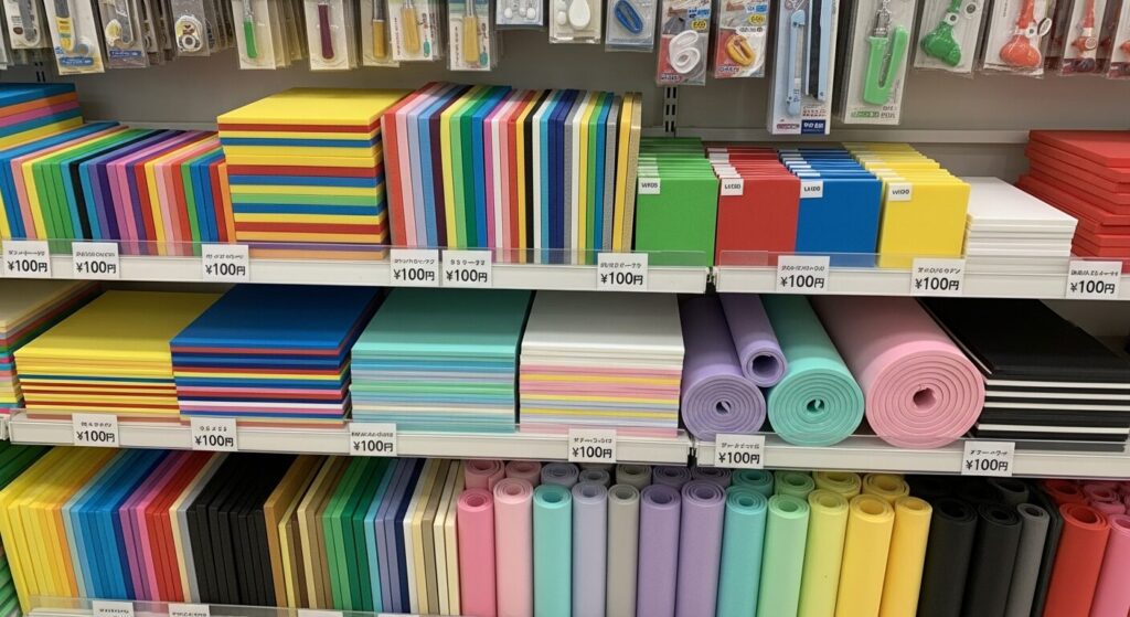 ダイソーやセリアなどの100均ショップのDIYコーナーに並ぶカラーボードやEVAシートの画像