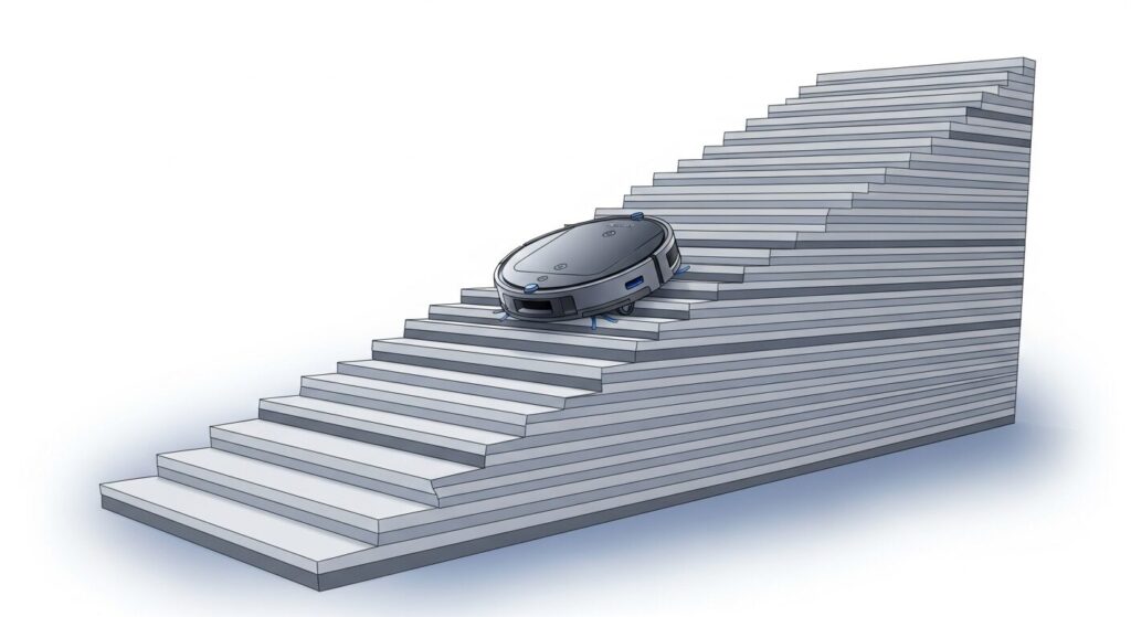 EVAシートを階段状に重ねて作ったスロープの完成図と、その上をスムーズに登る掃除機のイラスト
