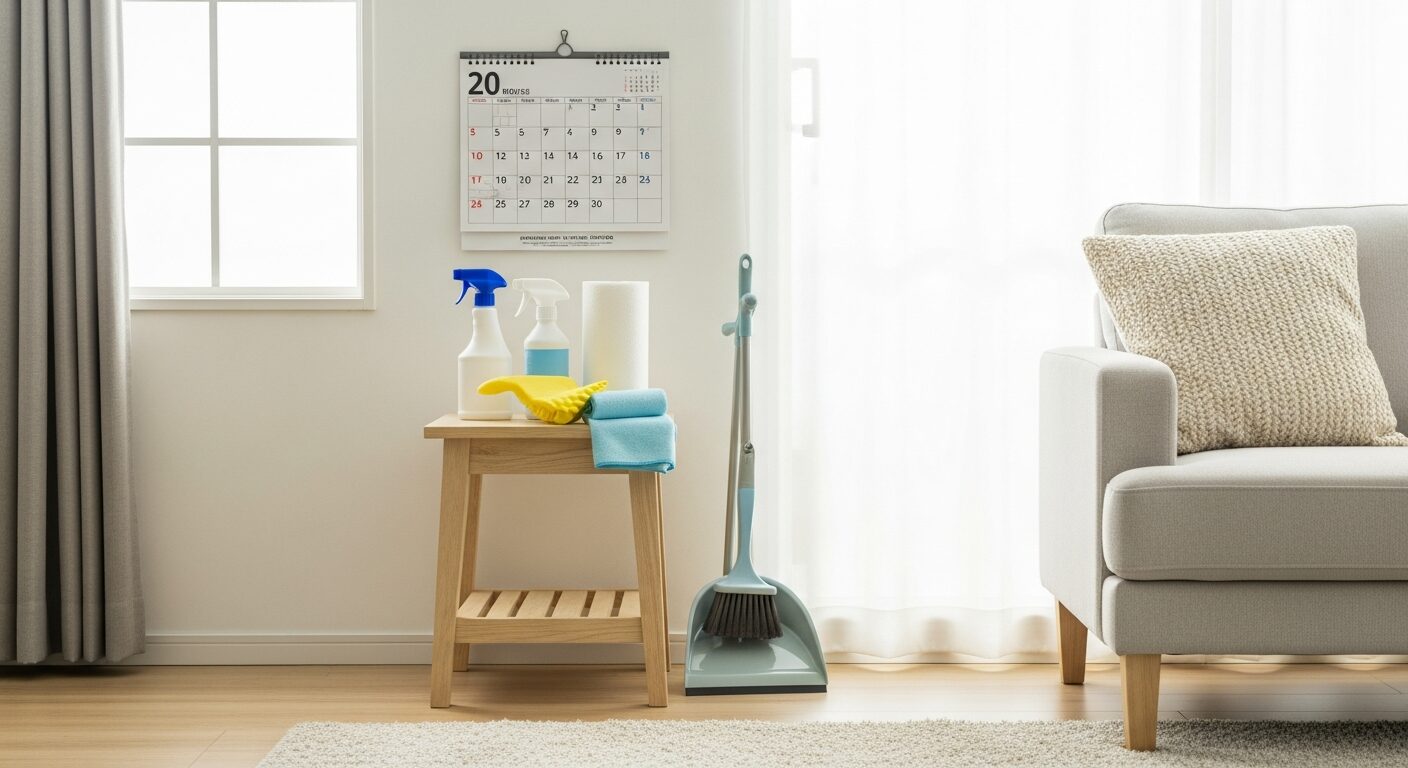 カレンダーと掃除道具が置かれた、きれいで明るいリビングの画像