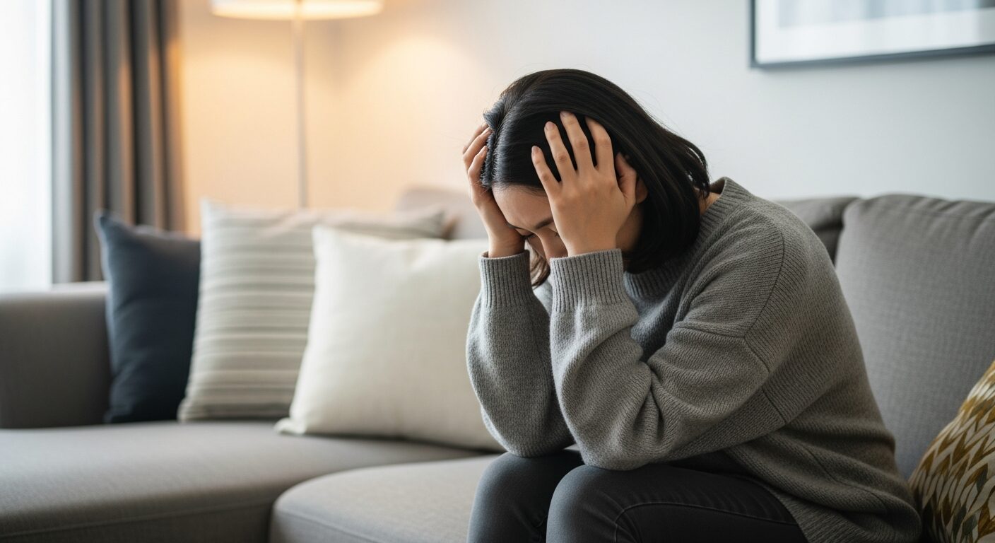 ソファーに座って頭を抱える女性の画像]