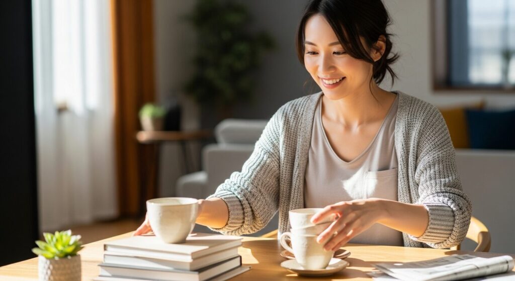 テーブルの上を片付ける人の画像