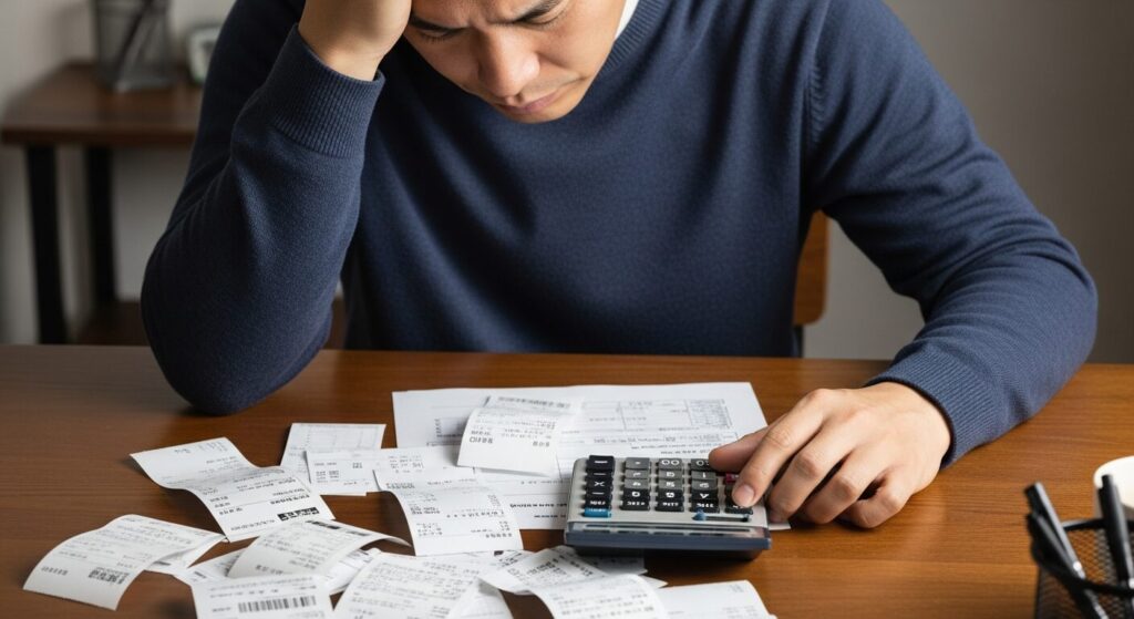 レシートと電卓を見ながら頭を抱える日本人の画像