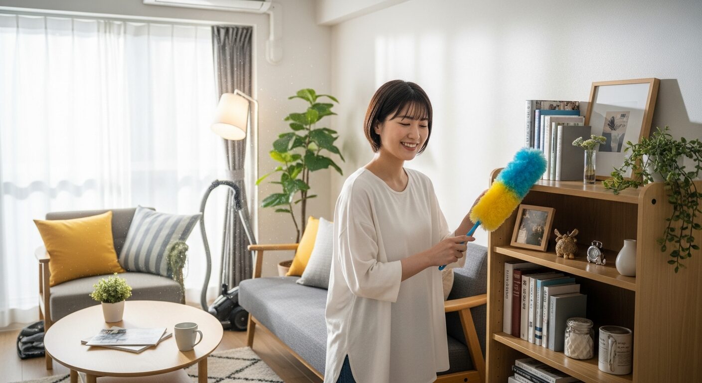 楽しそうに掃除をする女性