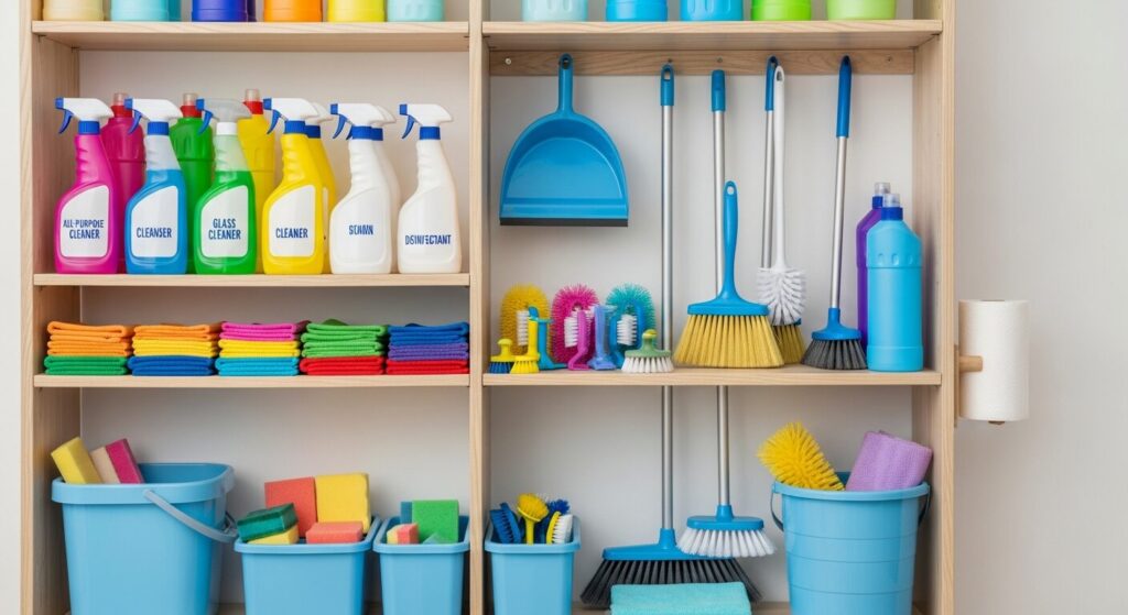 掃除道具が整理された棚の画像