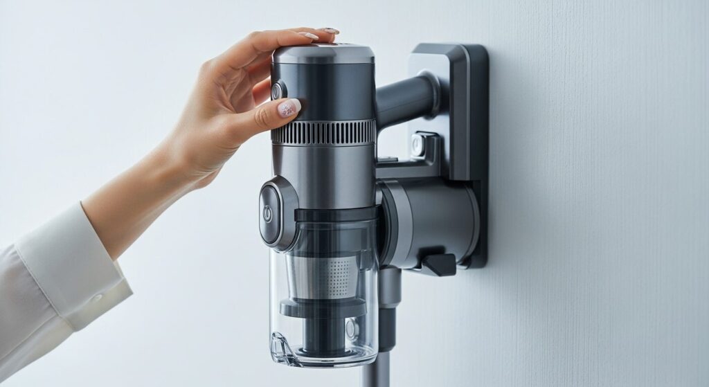 スタイリッシュなコードレス掃除機を壁にかける人の手