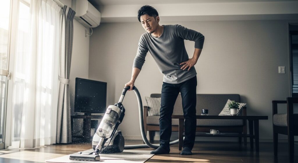 腰に手を当ててつらそうな表情で掃除機をかけているの男性の画像