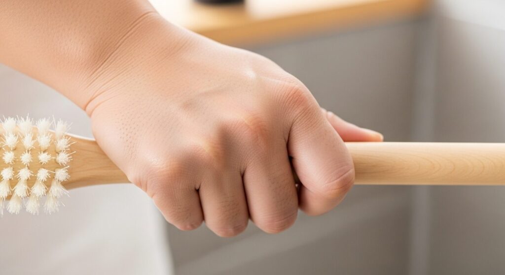 柄の長いお風呂用ブラシを持っている日本人の手の画像