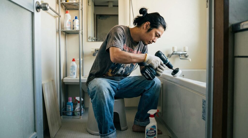 ズボラ風呂掃除をする男性