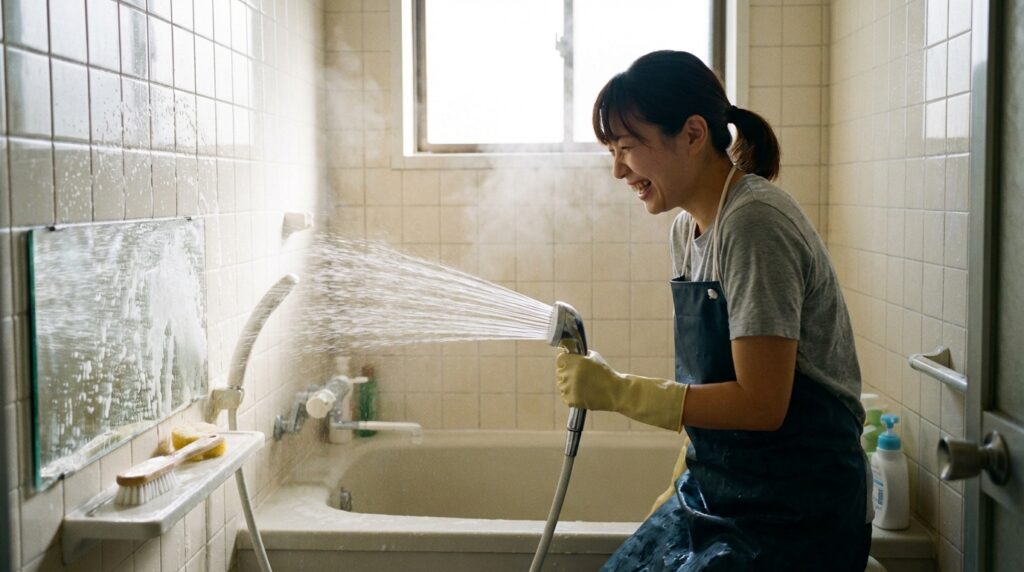 シャワーを使って風呂掃除をする女性