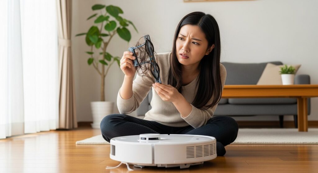 ロボット掃除機のブラシに絡まった髪の毛を見てうんざりしている女性