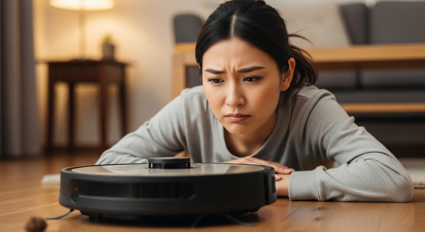 悩んだ表情でロボット掃除機を見つめる女性の画像