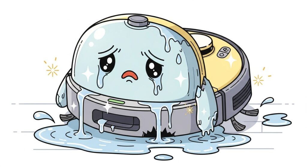 水に濡れて故障したお掃除ロボットのイラスト