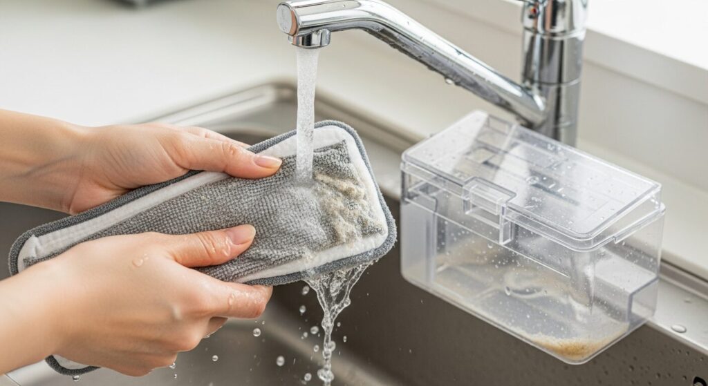 ロボット掃除機のモップとタンクを洗浄している手の画像