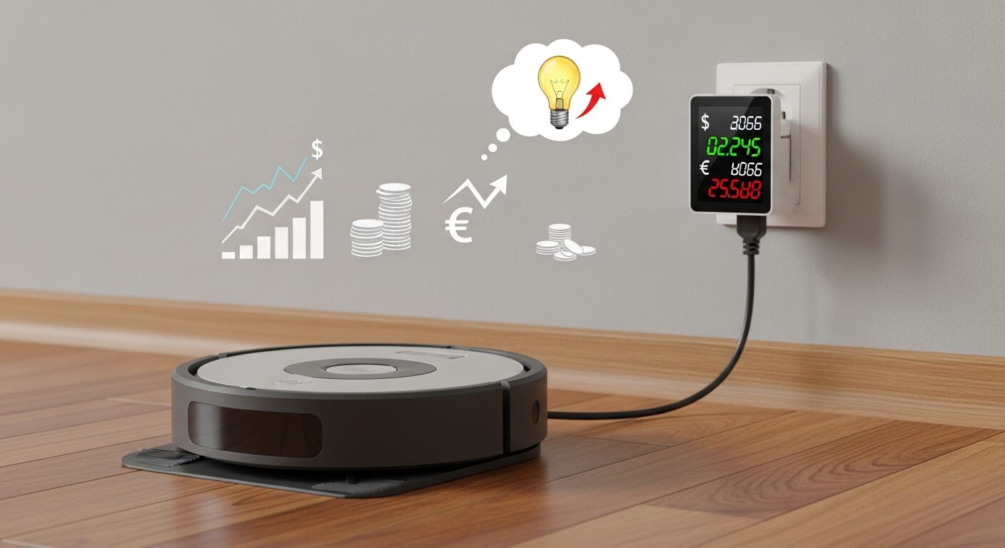 コンセントに繋がれたルンバのホームベースと電気代のイメージ画像