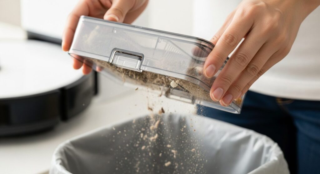 ロボット掃除機のダストボックスからゴミを捨てている手の画像