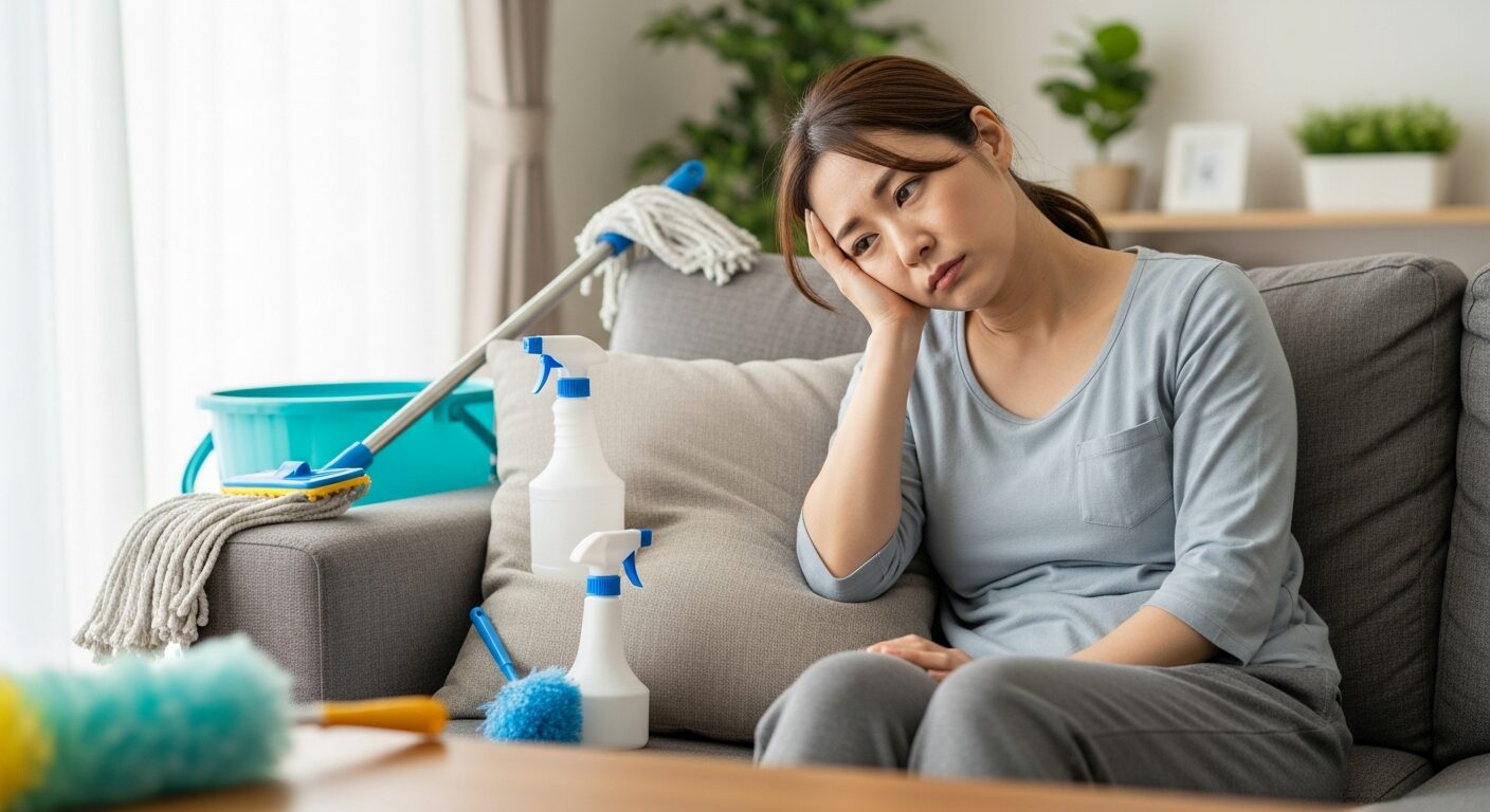 ソファーに座り込んで疲れた表情をしている女性の画像