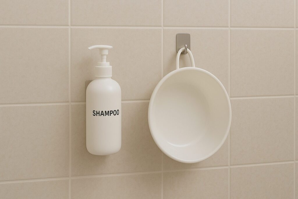 浴室の壁にマグネットで浮かせたシャンプーボトルやフックにかかった洗面器の画像