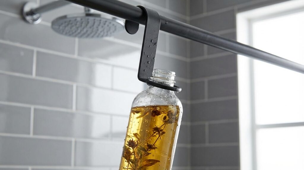 ボトル用ハンガーに吊り下げられているシャンプーボトルの画像